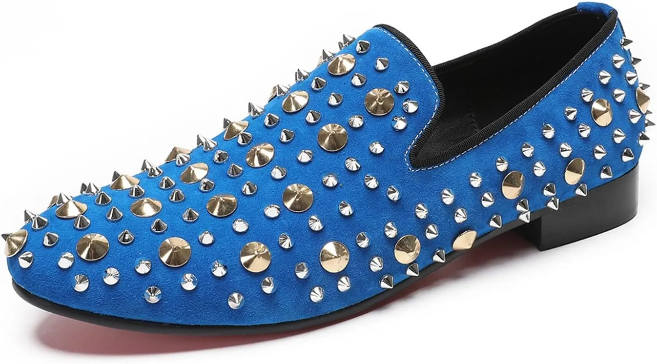 Santimon Mens Studded Loafers Spikes Rivets Luxury Penny Loafers Wedding Dress Slip On Party Prom Shoes Wingtip Suede Mocasines Casual Tuxedo Western Dsico Ballroom Smoking Shoes for Men