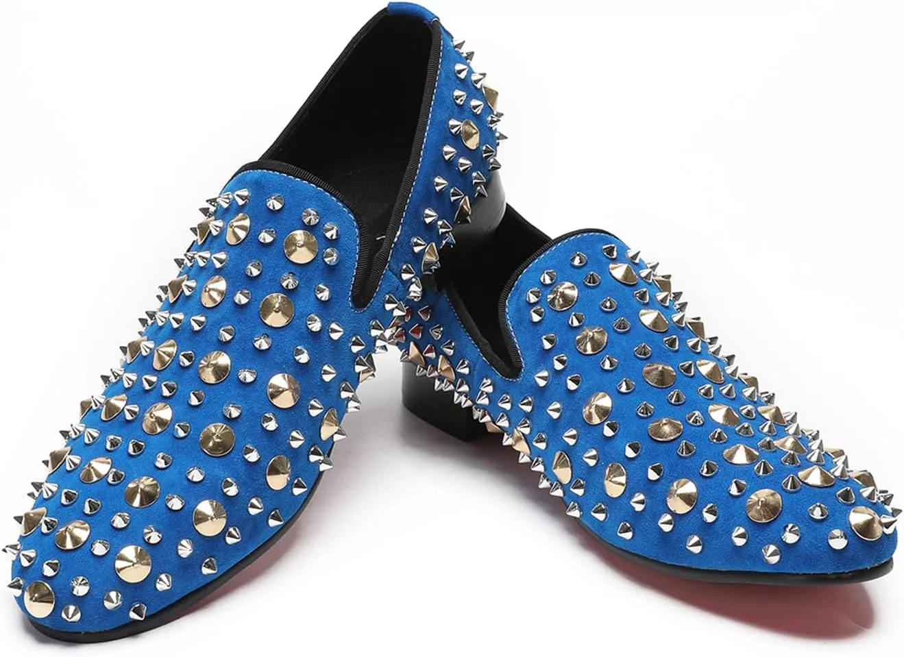 Santimon Mens Studded Loafers Spikes Rivets Luxury Penny Loafers Wedding Dress Slip On Party Prom Shoes Wingtip Suede Mocasines Casual Tuxedo Western Dsico Ballroom Smoking Shoes for Men