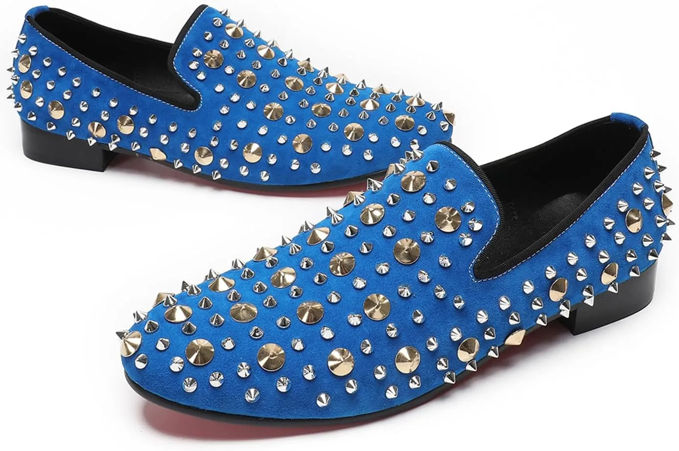 Santimon Mens Studded Loafers Spikes Rivets Luxury Penny Loafers Wedding Dress Slip On Party Prom Shoes Wingtip Suede Mocasines Casual Tuxedo Western Dsico Ballroom Smoking Shoes for Men