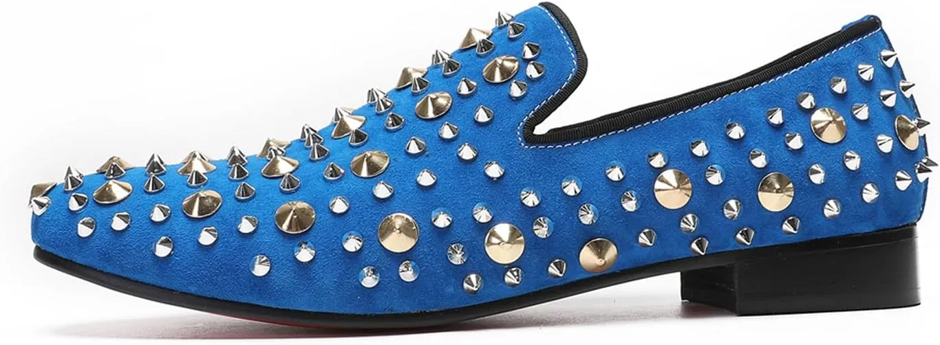 Santimon Mens Studded Loafers Spikes Rivets Luxury Penny Loafers Wedding Dress Slip On Party Prom Shoes Wingtip Suede Mocasines Casual Tuxedo Western Dsico Ballroom Smoking Shoes for Men
