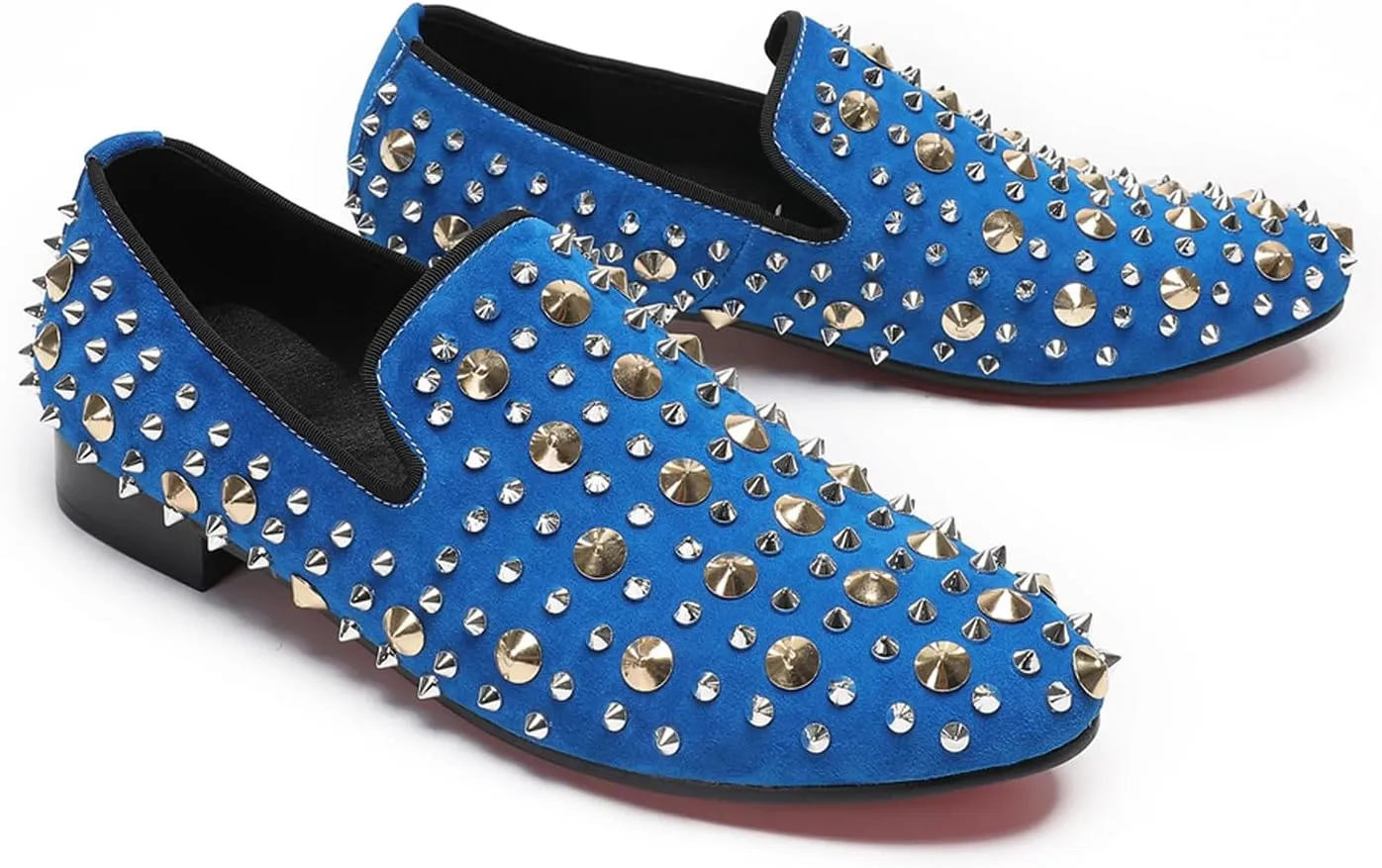 Santimon Mens Studded Loafers Spikes Rivets Luxury Penny Loafers Wedding Dress Slip On Party Prom Shoes Wingtip Suede Mocasines Casual Tuxedo Western Dsico Ballroom Smoking Shoes for Men