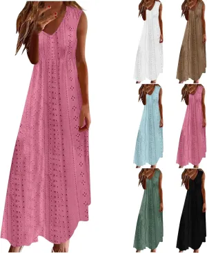 Sexy Elegant Lace Eyelet Maxi Dresses for Women 2024 Fashion Sleeveless Flowy Summer Dress Beach Vacation Sundresses
