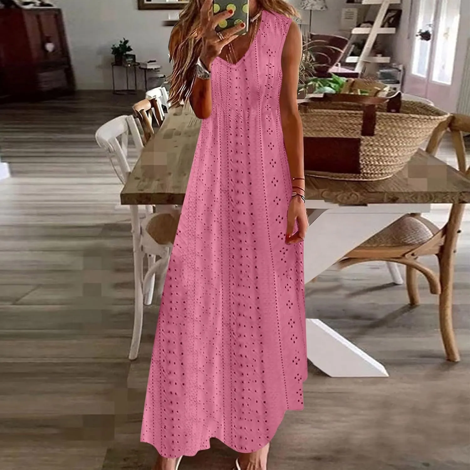 Sexy Elegant Lace Eyelet Maxi Dresses for Women 2024 Fashion Sleeveless Flowy Summer Dress Beach Vacation Sundresses