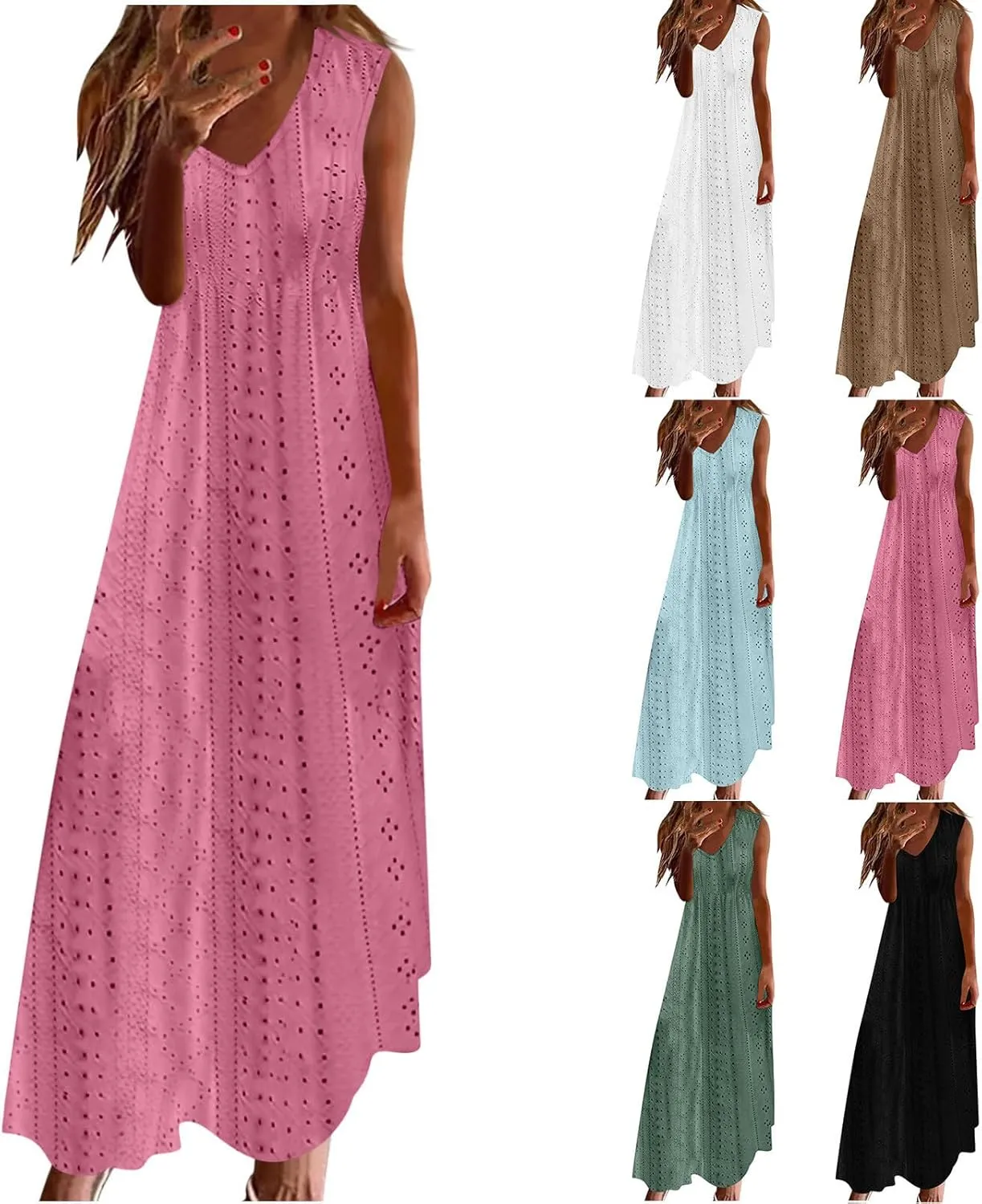 Sexy Elegant Lace Eyelet Maxi Dresses for Women 2024 Fashion Sleeveless Flowy Summer Dress Beach Vacation Sundresses