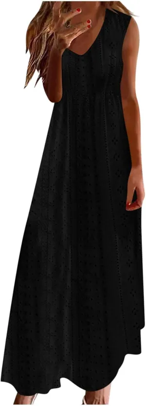 Sexy Elegant Lace Eyelet Maxi Dresses for Women 2024 Fashion Sleeveless Flowy Summer Dress Beach Vacation Sundresses