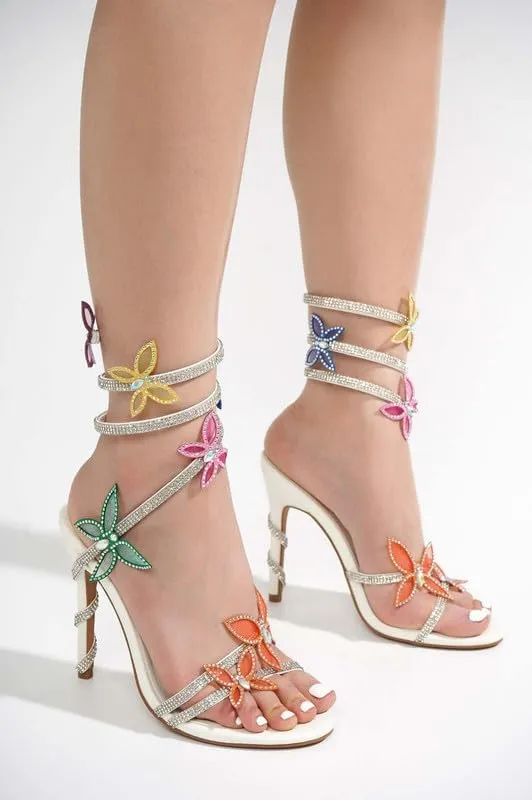 sexytag Diamante Heels Butterfly Wrap Around Strap Fantasy Rhinestone Sparkly Stiletto Heel Sandals