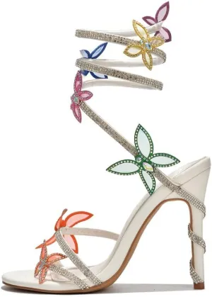 sexytag Diamante Heels Butterfly Wrap Around Strap Fantasy Rhinestone Sparkly Stiletto Heel Sandals