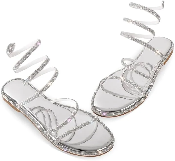 sexytag Women's Rhinestone Gladiator Wrap Up Flat Sandals Sparkly Glitter Ankle Strap Open Toe Summer Shoes