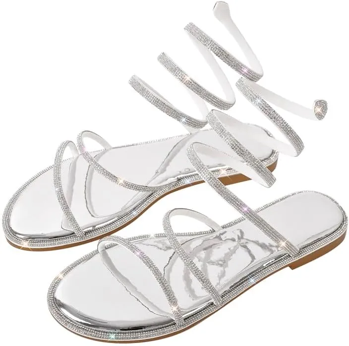 sexytag Women's Rhinestone Gladiator Wrap Up Flat Sandals Sparkly Glitter Ankle Strap Open Toe Summer Shoes