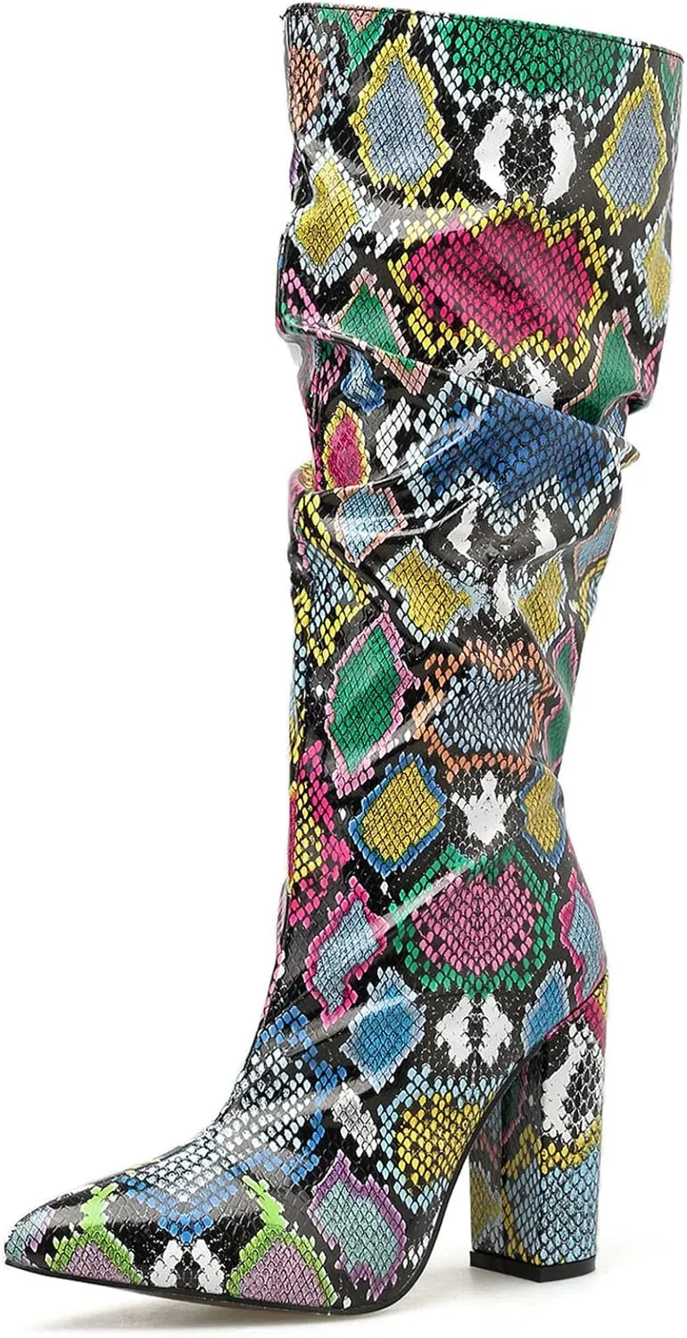 SHEMEE Women's Colorful Snakeskin Knee High Boot Chunky Block High Heels Snake Print Round Toe Zipper Slouch Shoes