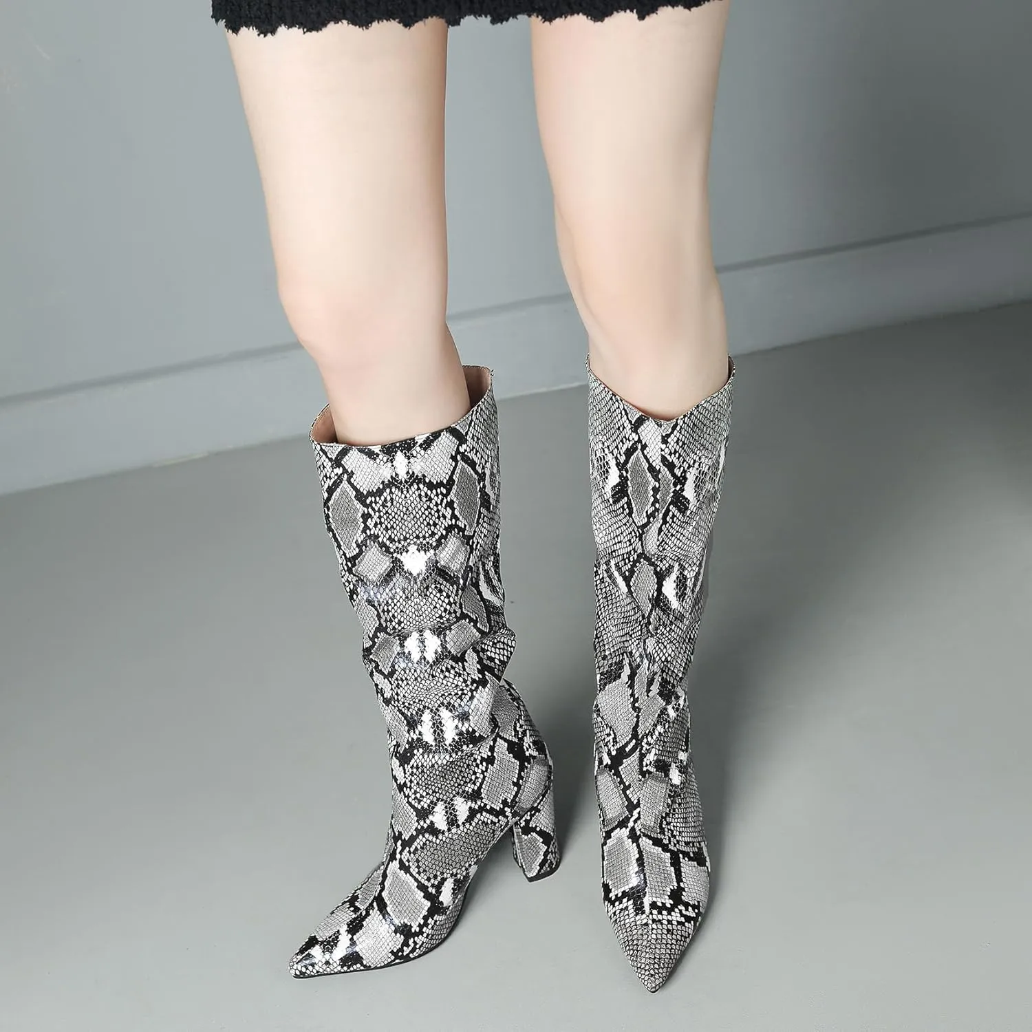 SHEMEE Women's Colorful Snakeskin Knee High Boot Chunky Block High Heels Snake Print Round Toe Zipper Slouch Shoes