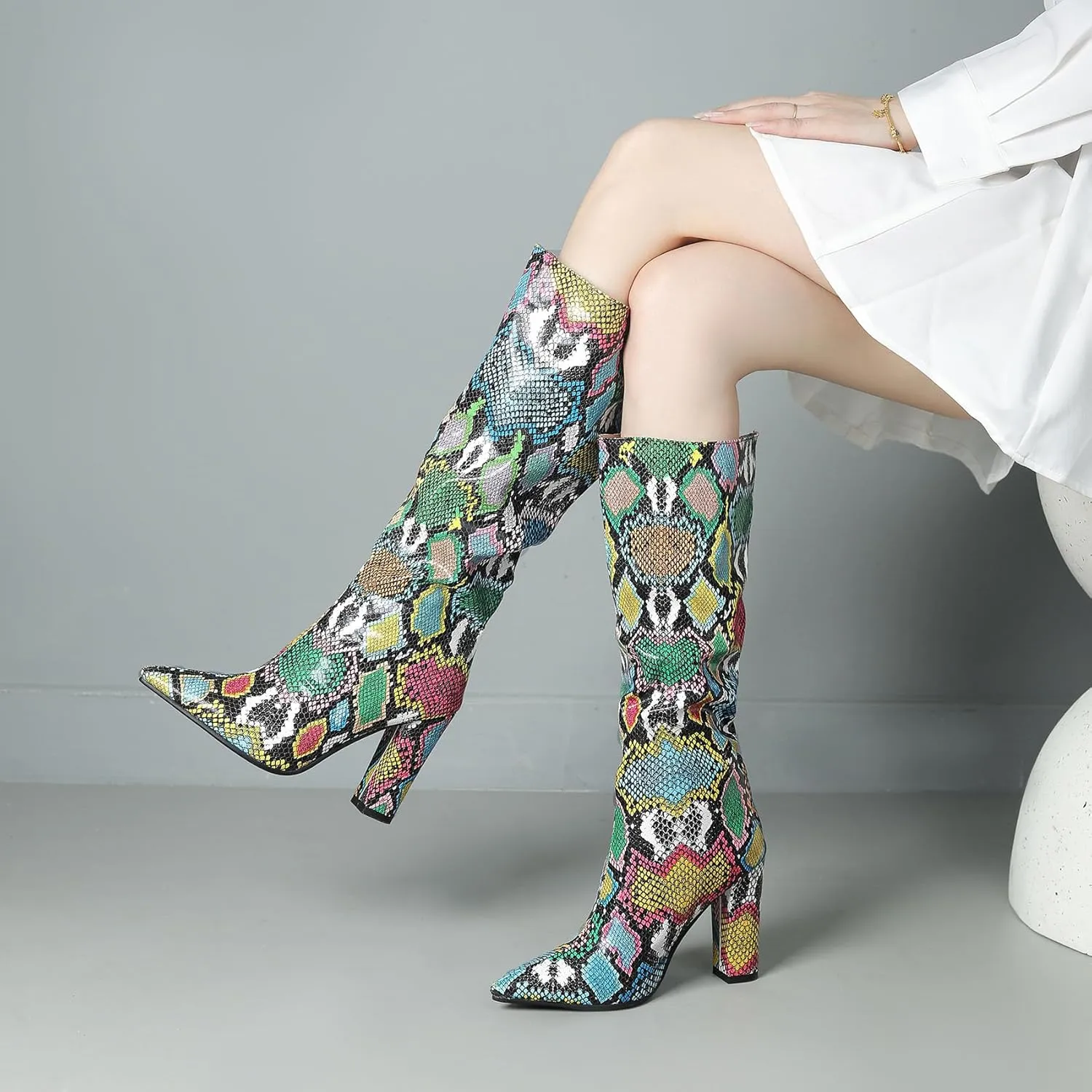 SHEMEE Women's Colorful Snakeskin Knee High Boot Chunky Block High Heels Snake Print Round Toe Zipper Slouch Shoes