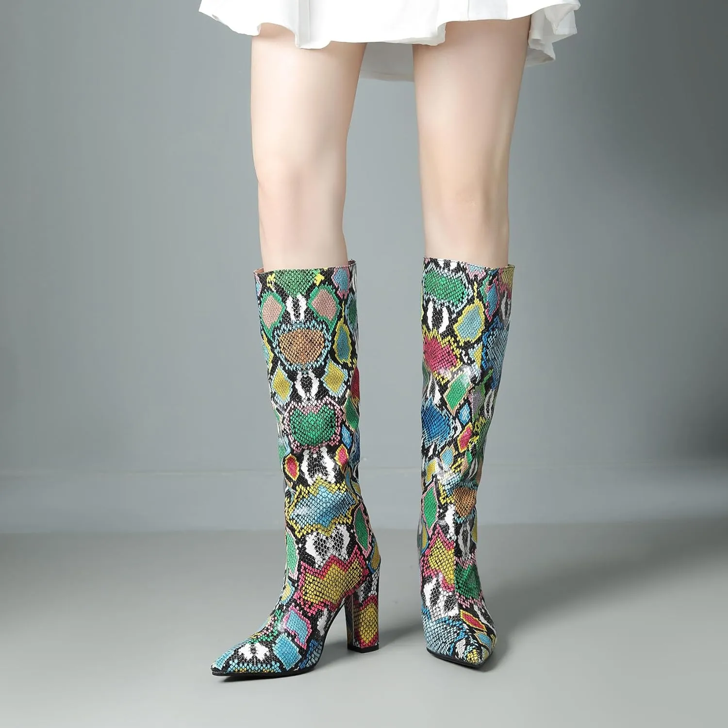 SHEMEE Women's Colorful Snakeskin Knee High Boot Chunky Block High Heels Snake Print Round Toe Zipper Slouch Shoes