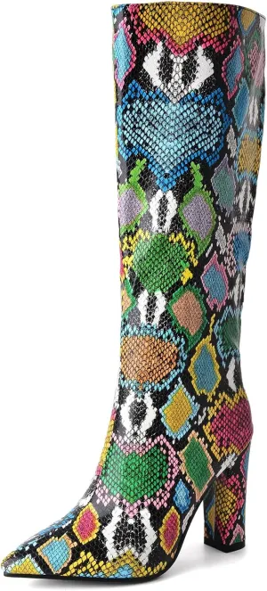 SHEMEE Women's Colorful Snakeskin Knee High Boot Chunky Block High Heels Snake Print Round Toe Zipper Slouch Shoes