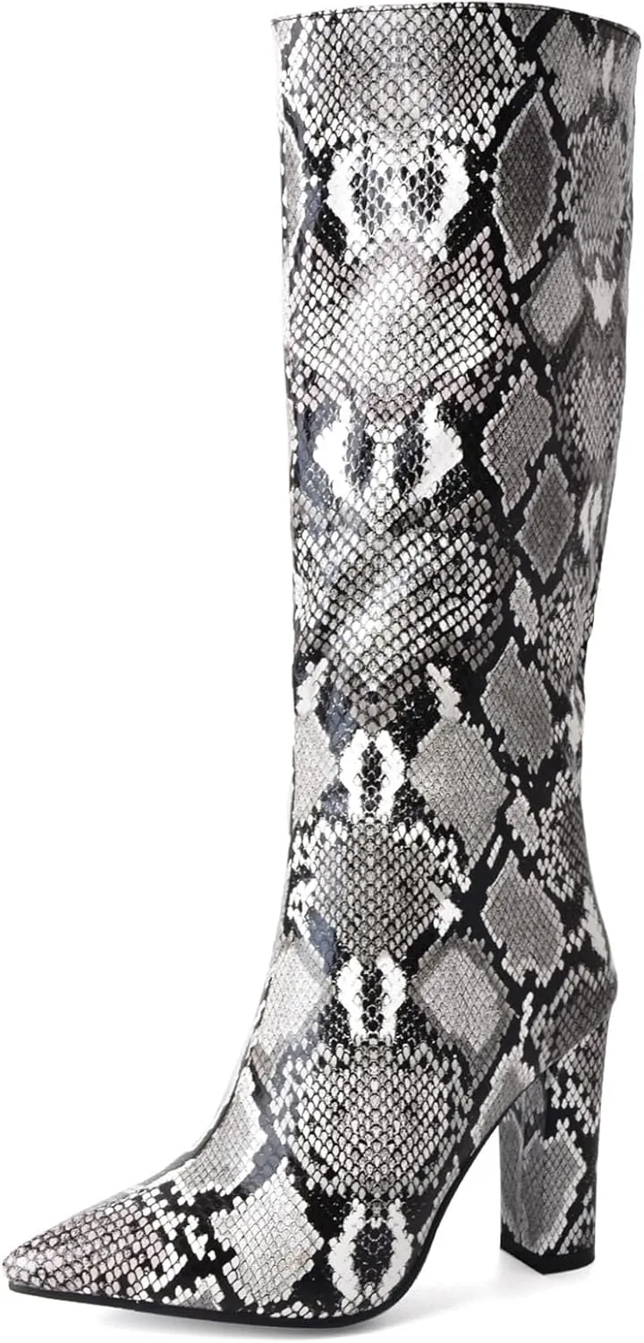 SHEMEE Women's Colorful Snakeskin Knee High Boot Chunky Block High Heels Snake Print Round Toe Zipper Slouch Shoes