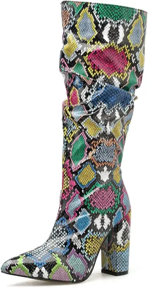 SHEMEE Women's Colorful Snakeskin Knee High Boot Chunky Block High Heels Snake Print Round Toe Zipper Slouch Shoes