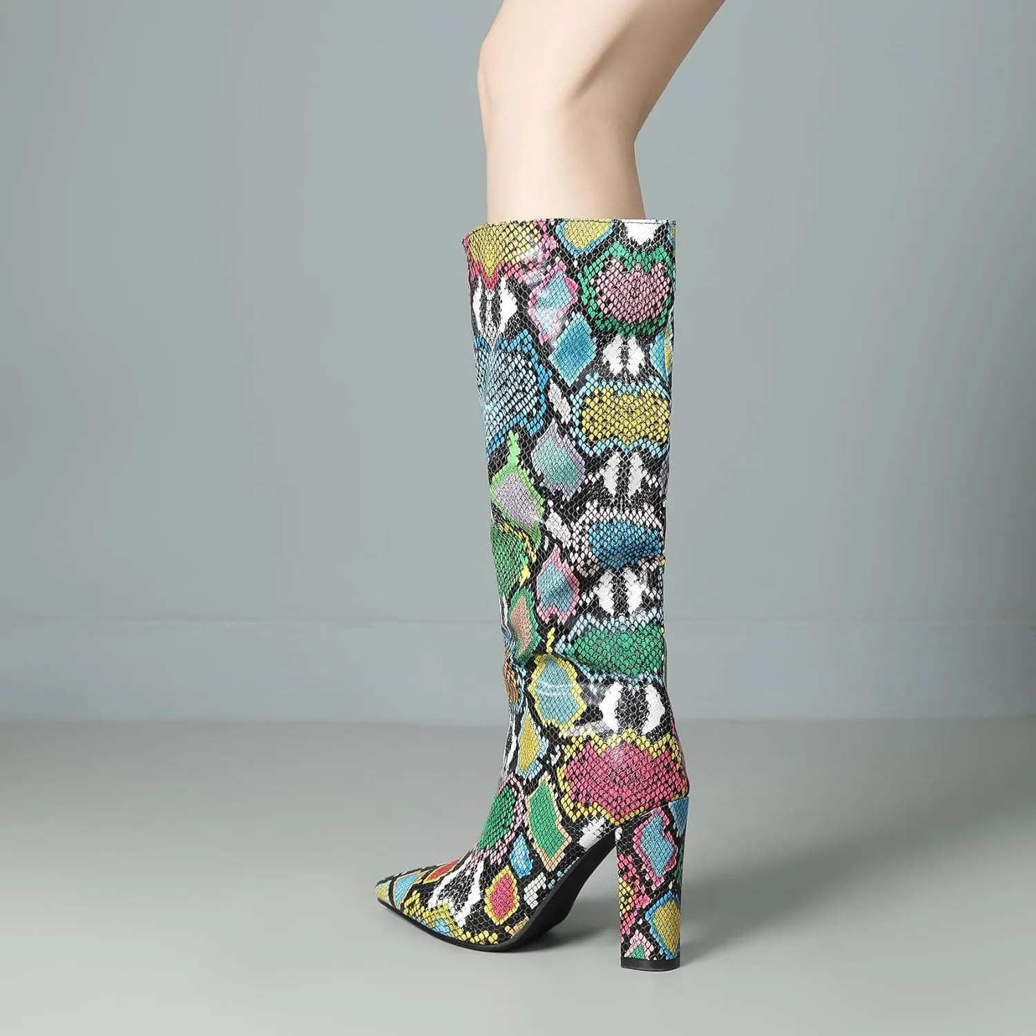 SHEMEE Women's Colorful Snakeskin Knee High Boot Chunky Block High Heels Snake Print Round Toe Zipper Slouch Shoes