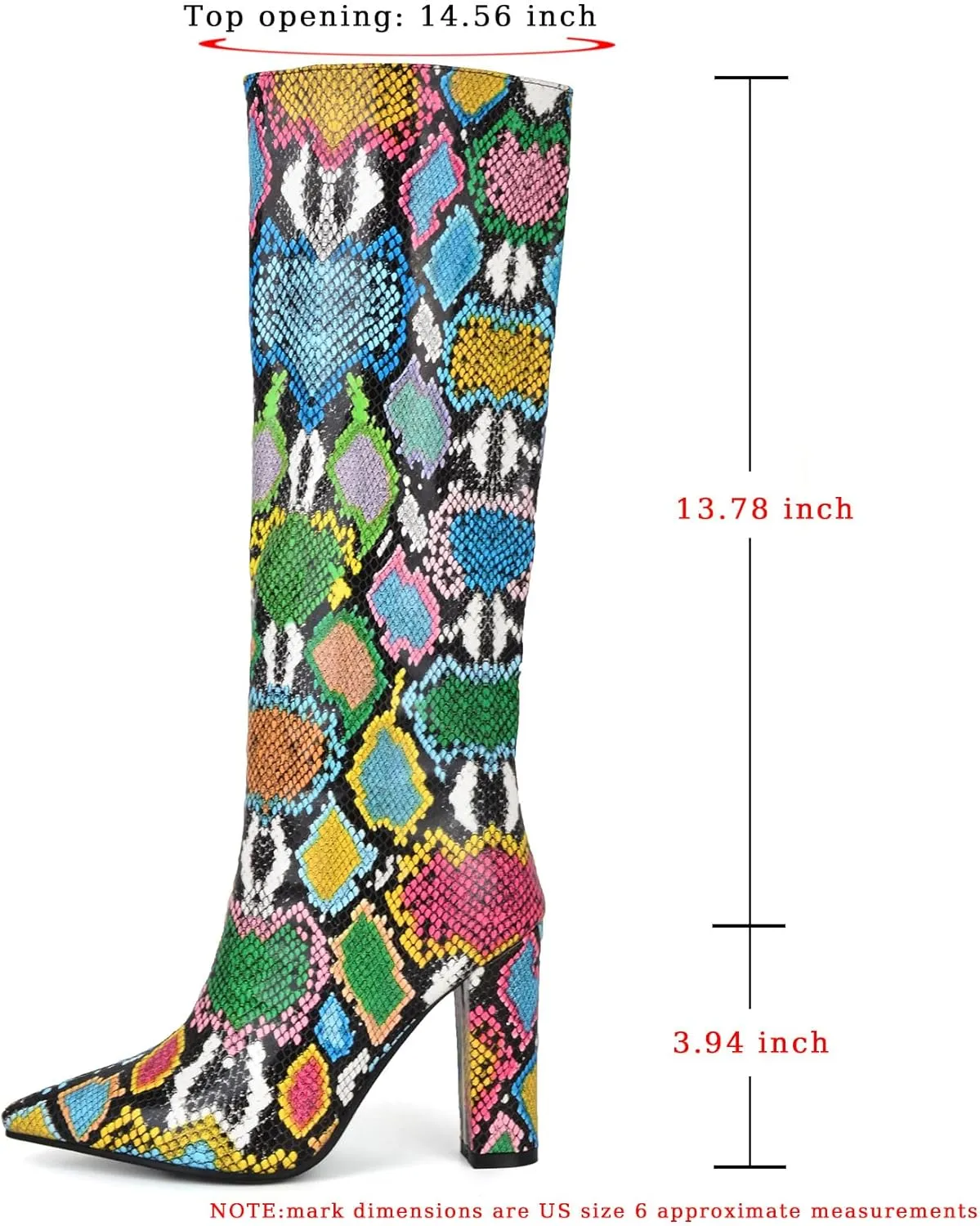 SHEMEE Women's Colorful Snakeskin Knee High Boot Chunky Block High Heels Snake Print Round Toe Zipper Slouch Shoes