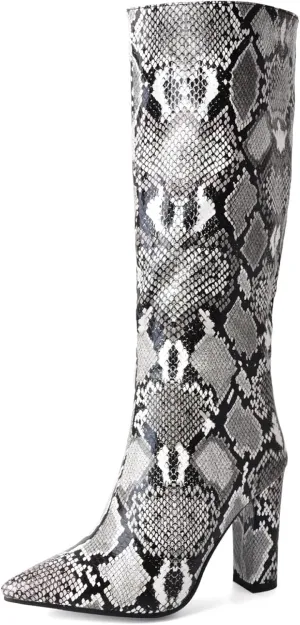 SHEMEE Women's Colorful Snakeskin Knee High Boot Chunky Block High Heels Snake Print Round Toe Zipper Slouch Shoes