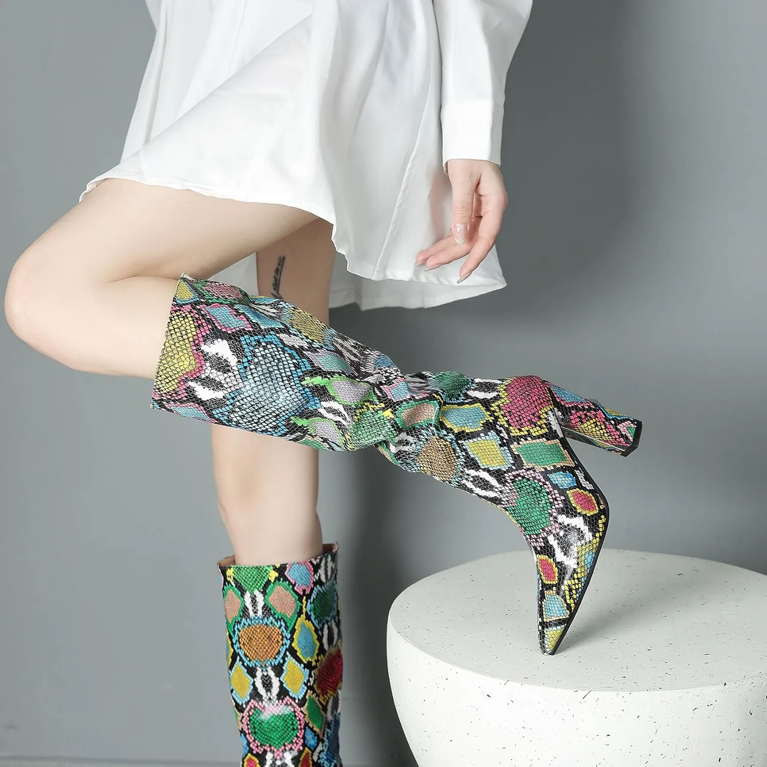 SHEMEE Women's Colorful Snakeskin Knee High Boot Chunky Block High Heels Snake Print Round Toe Zipper Slouch Shoes