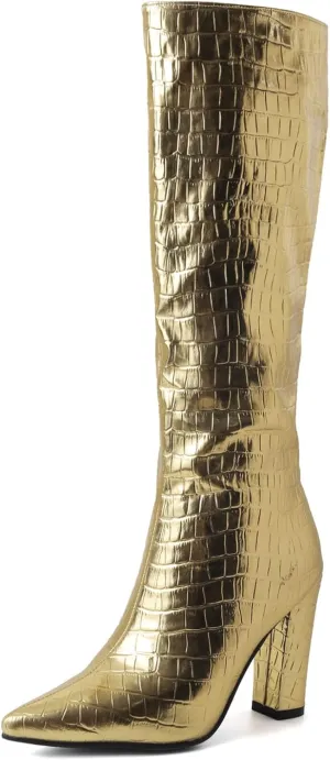 SHEMEE Women's Colorful Snakeskin Knee High Boot Chunky Block High Heels Snake Print Round Toe Zipper Slouch Shoes