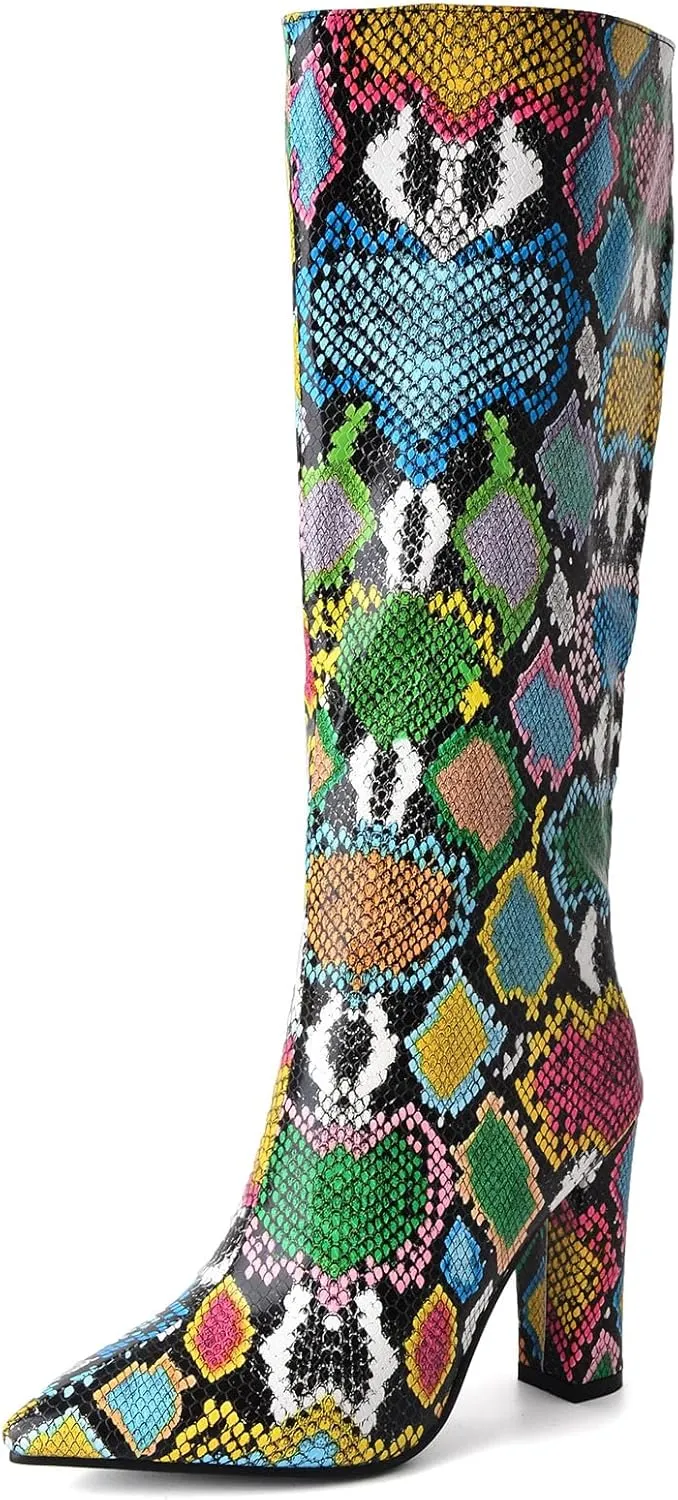 SHEMEE Women's Colorful Snakeskin Knee High Boot Chunky Block High Heels Snake Print Round Toe Zipper Slouch Shoes