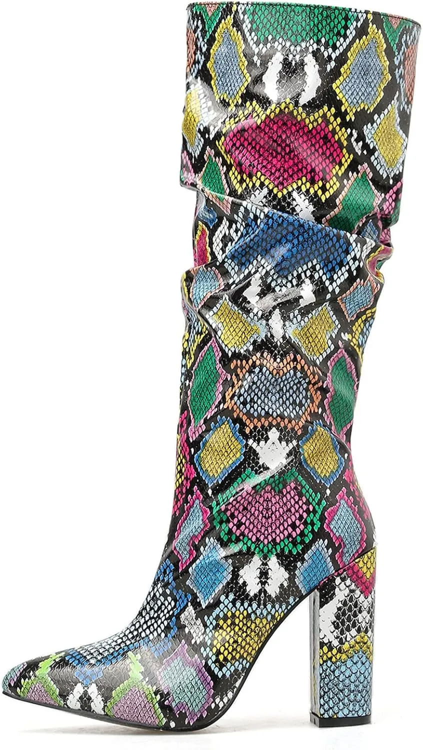 SHEMEE Women's Colorful Snakeskin Knee High Boot Chunky Block High Heels Snake Print Round Toe Zipper Slouch Shoes