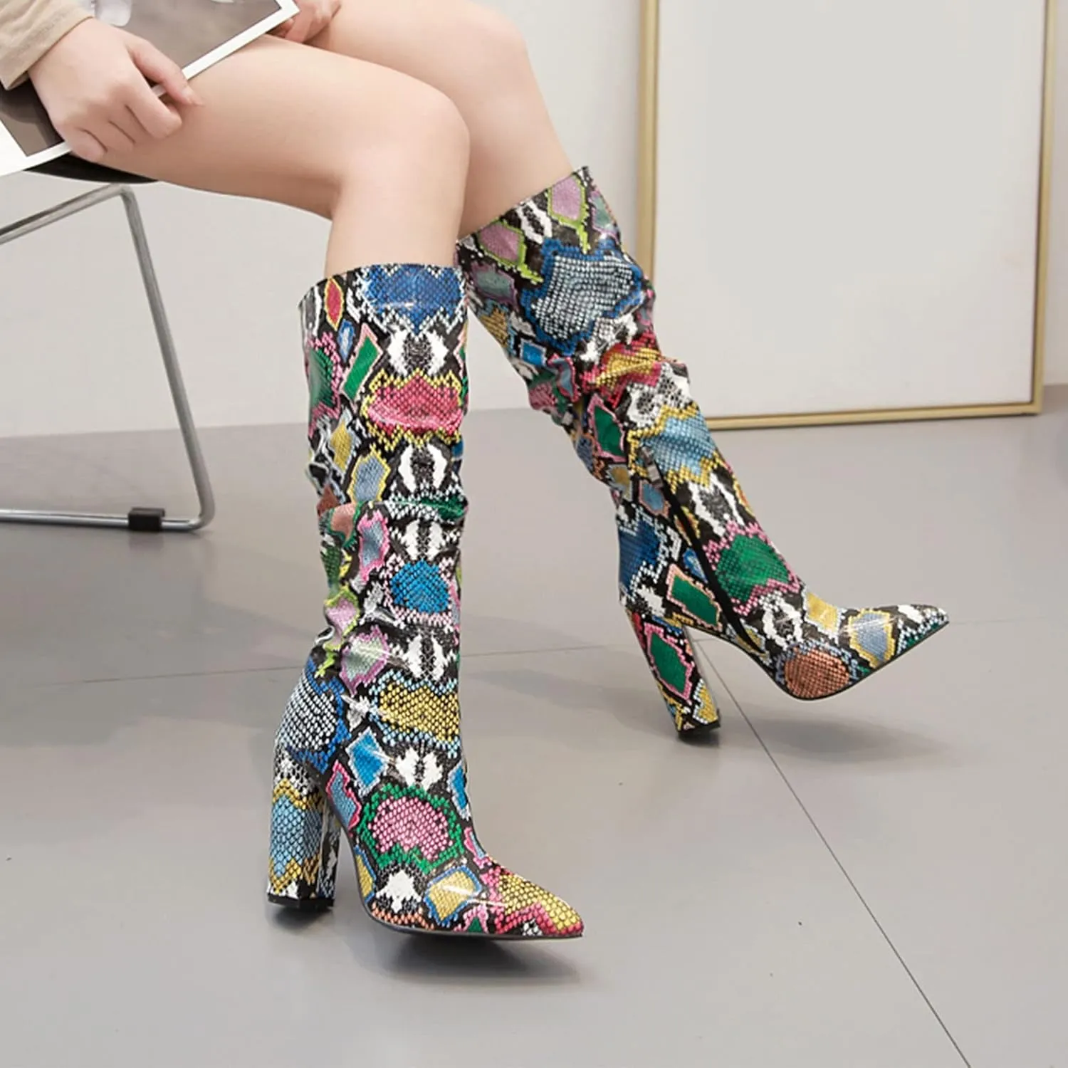 SHEMEE Women's Colorful Snakeskin Knee High Boot Chunky Block High Heels Snake Print Round Toe Zipper Slouch Shoes
