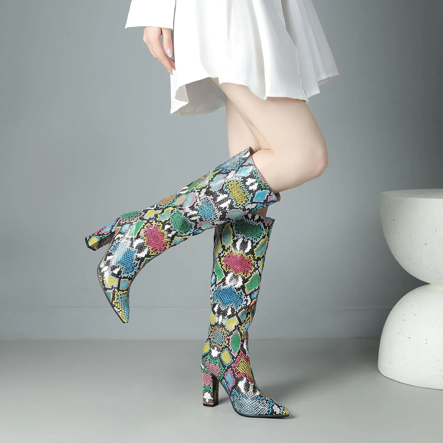 SHEMEE Women's Colorful Snakeskin Knee High Boot Chunky Block High Heels Snake Print Round Toe Zipper Slouch Shoes