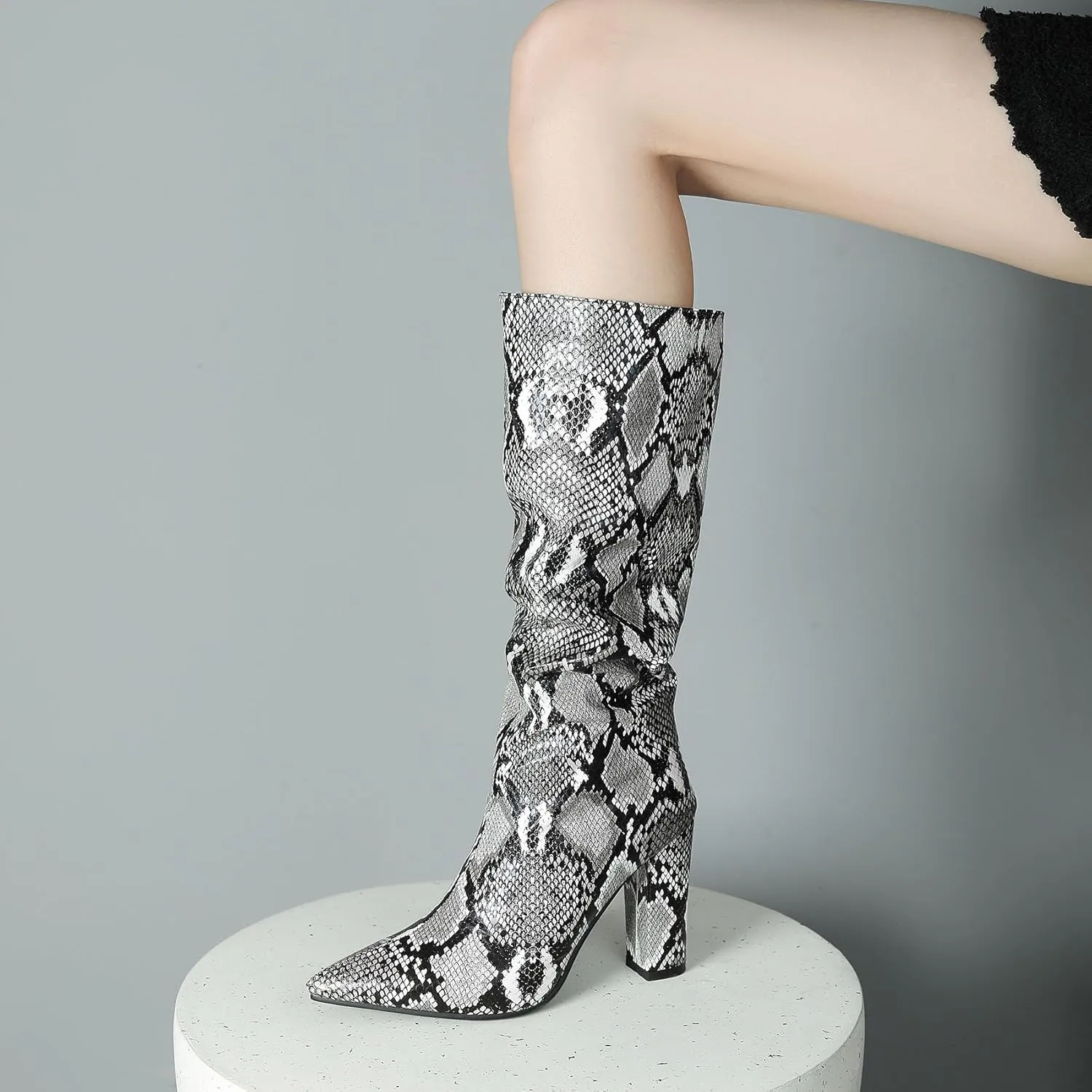 SHEMEE Women's Colorful Snakeskin Knee High Boot Chunky Block High Heels Snake Print Round Toe Zipper Slouch Shoes