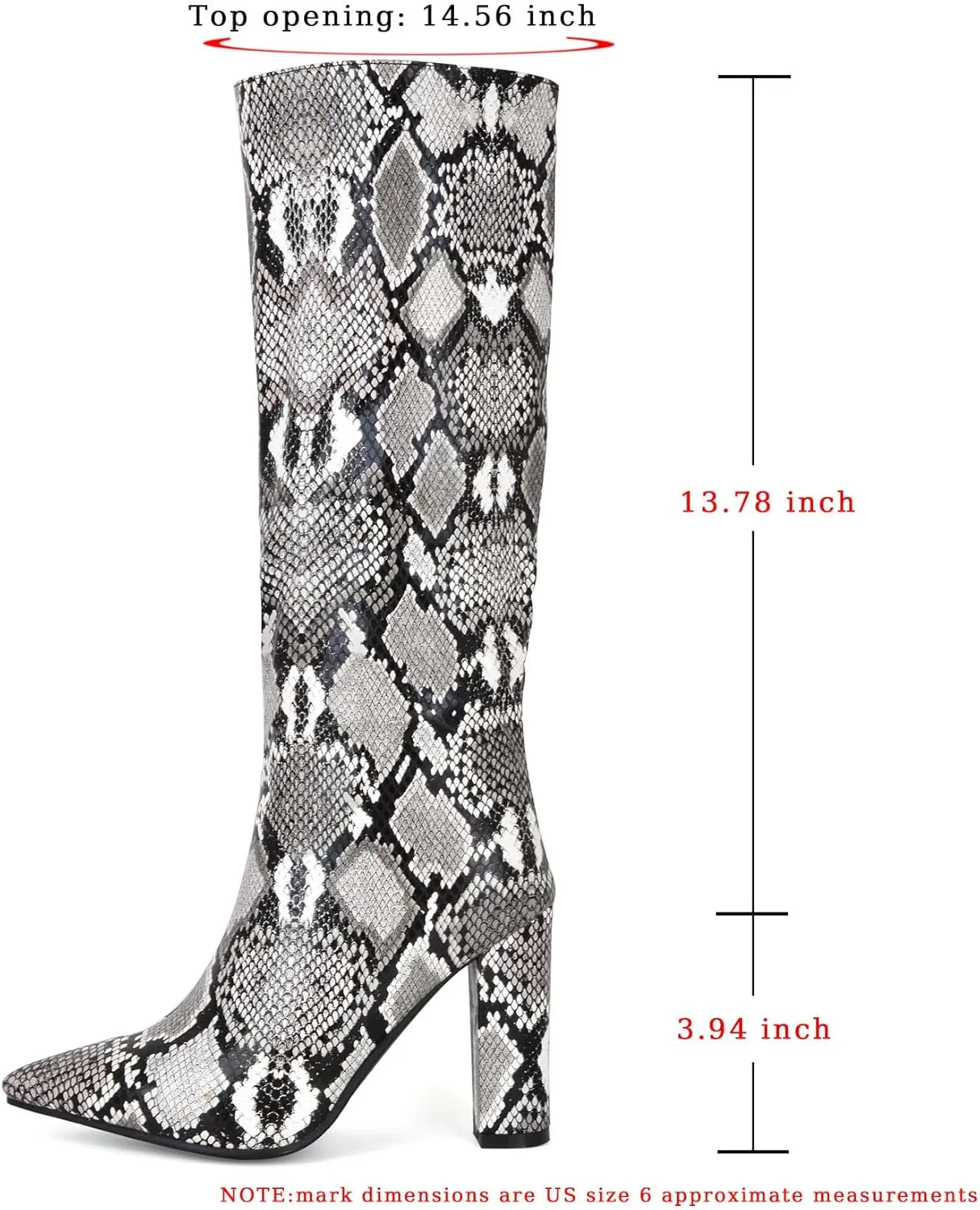 SHEMEE Women's Colorful Snakeskin Knee High Boot Chunky Block High Heels Snake Print Round Toe Zipper Slouch Shoes