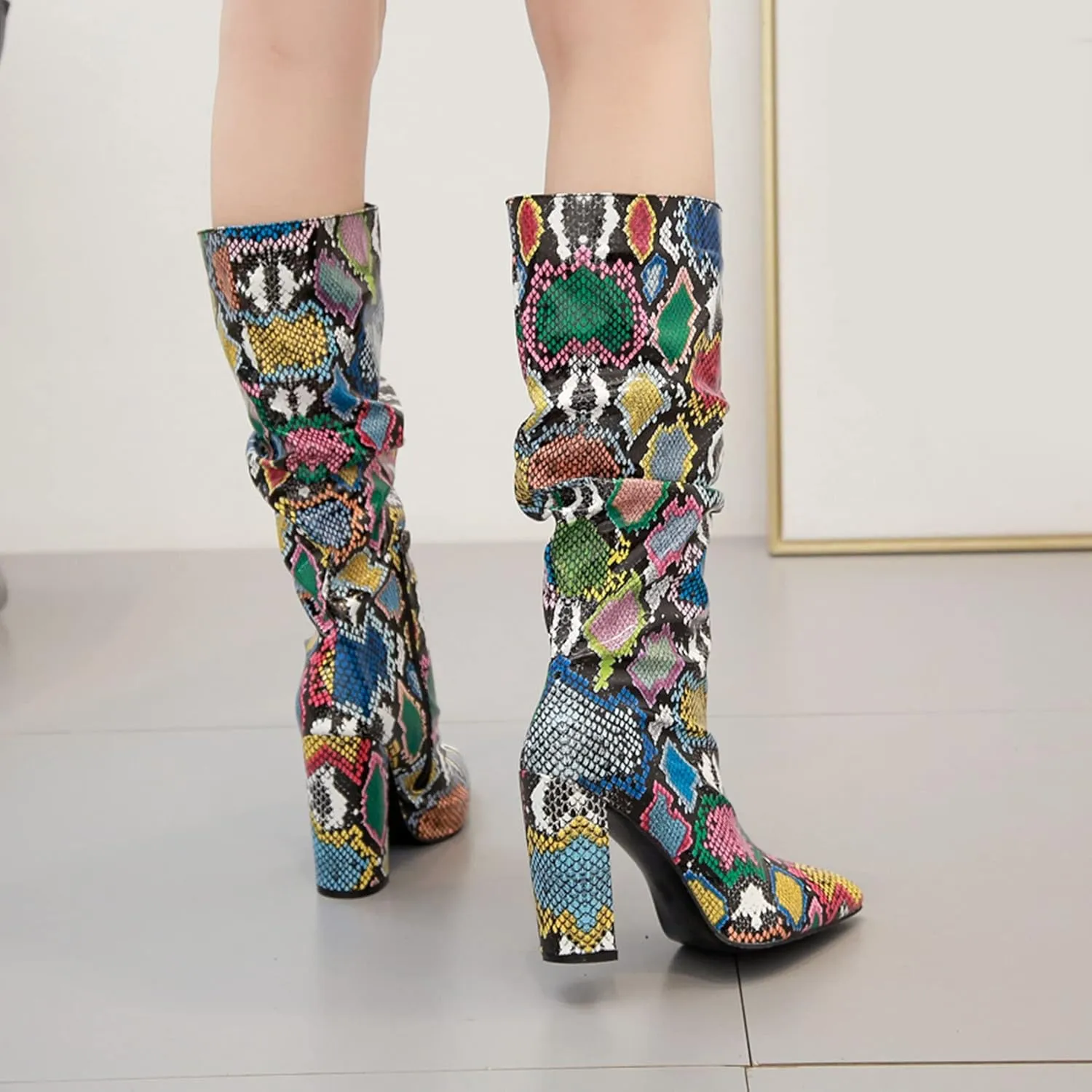 SHEMEE Women's Colorful Snakeskin Knee High Boot Chunky Block High Heels Snake Print Round Toe Zipper Slouch Shoes
