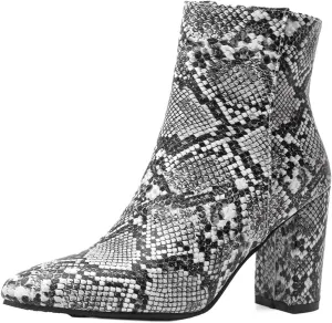 SHEMEE Women's Snakeskin Chunky High Heels Booties Pointed Toe Block Heel Snake Print Side Zipper Ankle Boots Fashion Dress Shoes