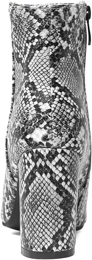 SHEMEE Women's Snakeskin Chunky High Heels Booties Pointed Toe Block Heel Snake Print Side Zipper Ankle Boots Fashion Dress Shoes