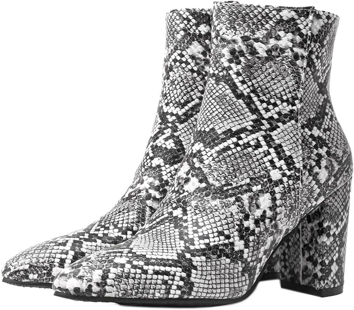 SHEMEE Women's Snakeskin Chunky High Heels Booties Pointed Toe Block Heel Snake Print Side Zipper Ankle Boots Fashion Dress Shoes