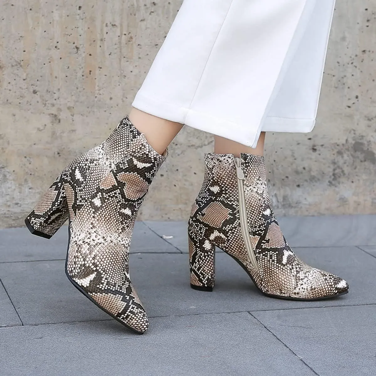 SHEMEE Women's Snakeskin Chunky High Heels Booties Pointed Toe Block Heel Snake Print Side Zipper Ankle Boots Fashion Dress Shoes