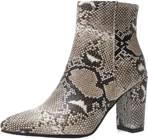 SHEMEE Women's Snakeskin Chunky High Heels Booties Pointed Toe Block Heel Snake Print Side Zipper Ankle Boots Fashion Dress Shoes