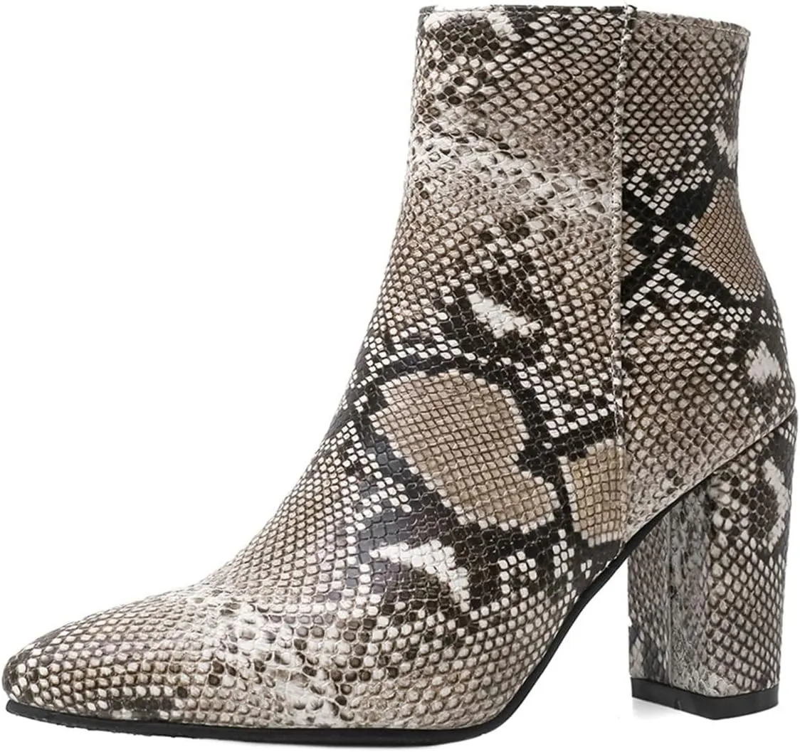 SHEMEE Women's Snakeskin Chunky High Heels Booties Pointed Toe Block Heel Snake Print Side Zipper Ankle Boots Fashion Dress Shoes