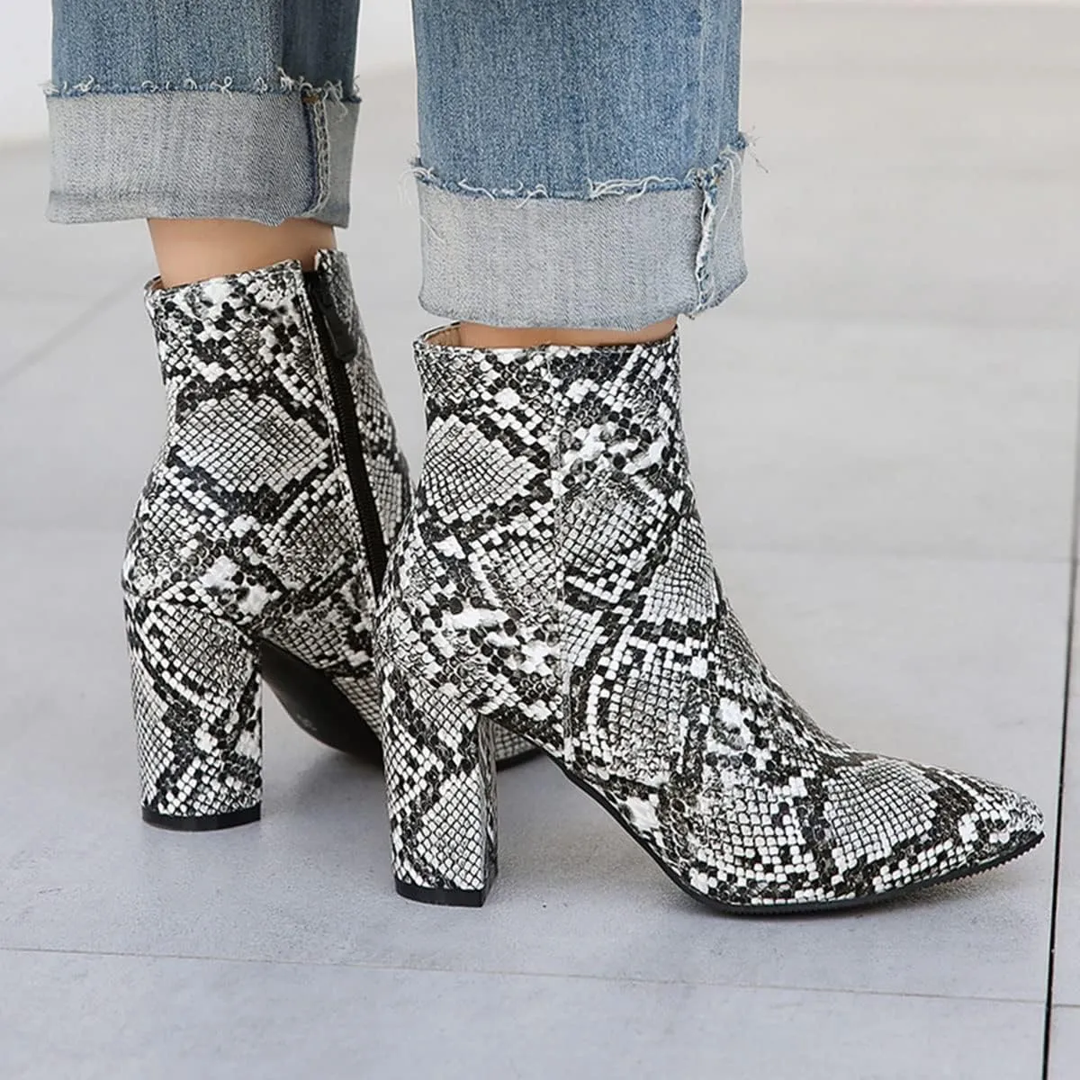 SHEMEE Women's Snakeskin Chunky High Heels Booties Pointed Toe Block Heel Snake Print Side Zipper Ankle Boots Fashion Dress Shoes