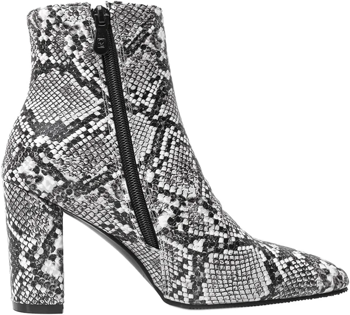 SHEMEE Women's Snakeskin Chunky High Heels Booties Pointed Toe Block Heel Snake Print Side Zipper Ankle Boots Fashion Dress Shoes