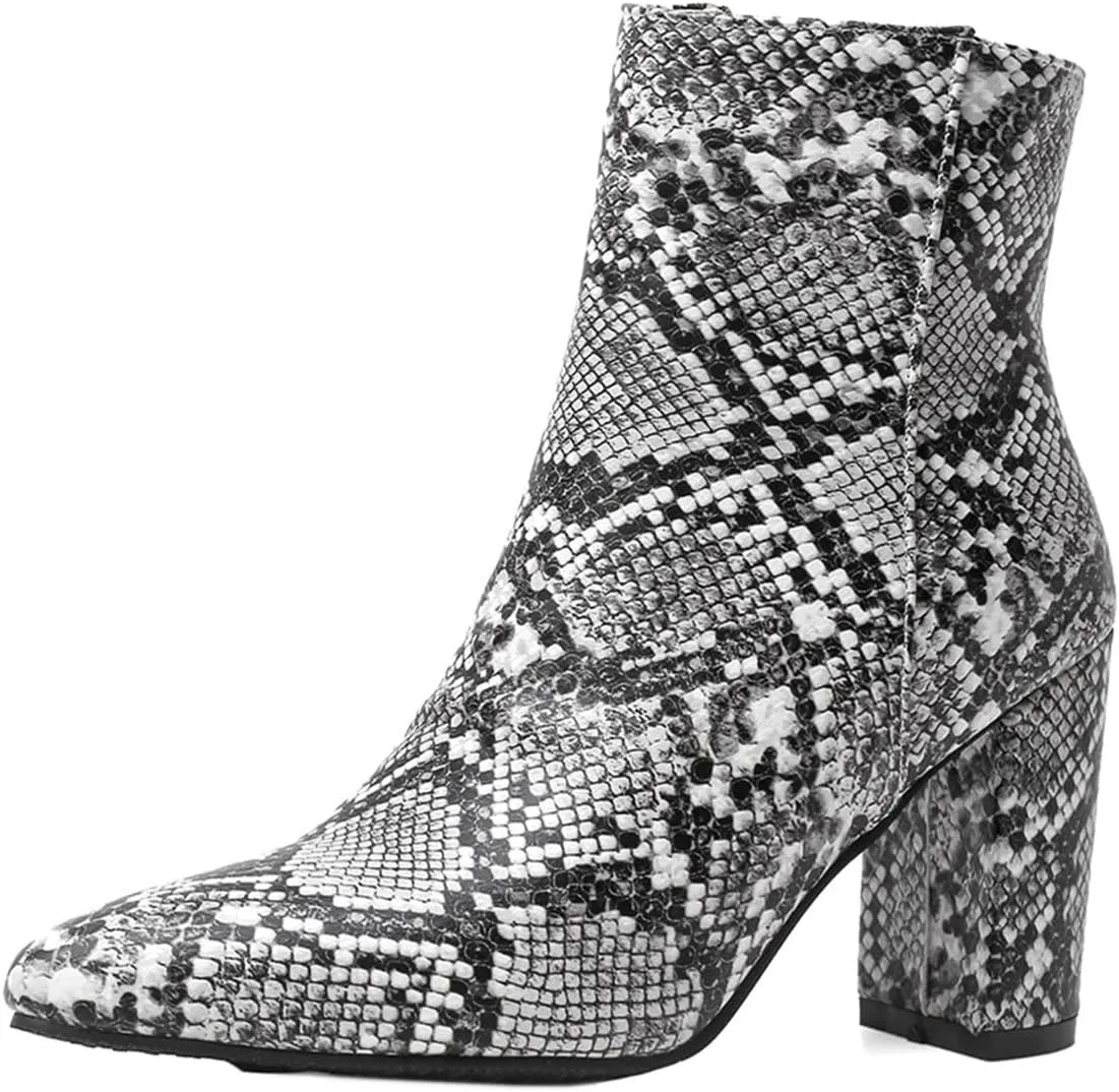 SHEMEE Women's Snakeskin Chunky High Heels Booties Pointed Toe Block Heel Snake Print Side Zipper Ankle Boots Fashion Dress Shoes