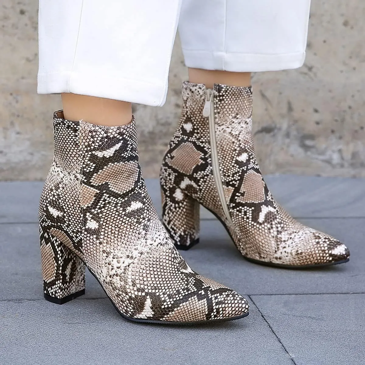 SHEMEE Women's Snakeskin Chunky High Heels Booties Pointed Toe Block Heel Snake Print Side Zipper Ankle Boots Fashion Dress Shoes
