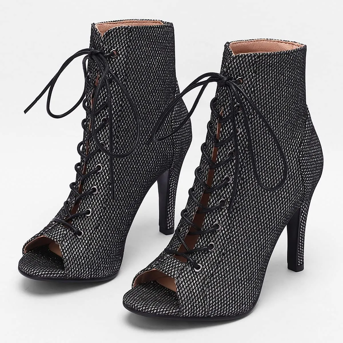 SHEMEE Women's Summer Peep Toe Stiletto High Heel Ankle Boots Lace Up Sandals Booties