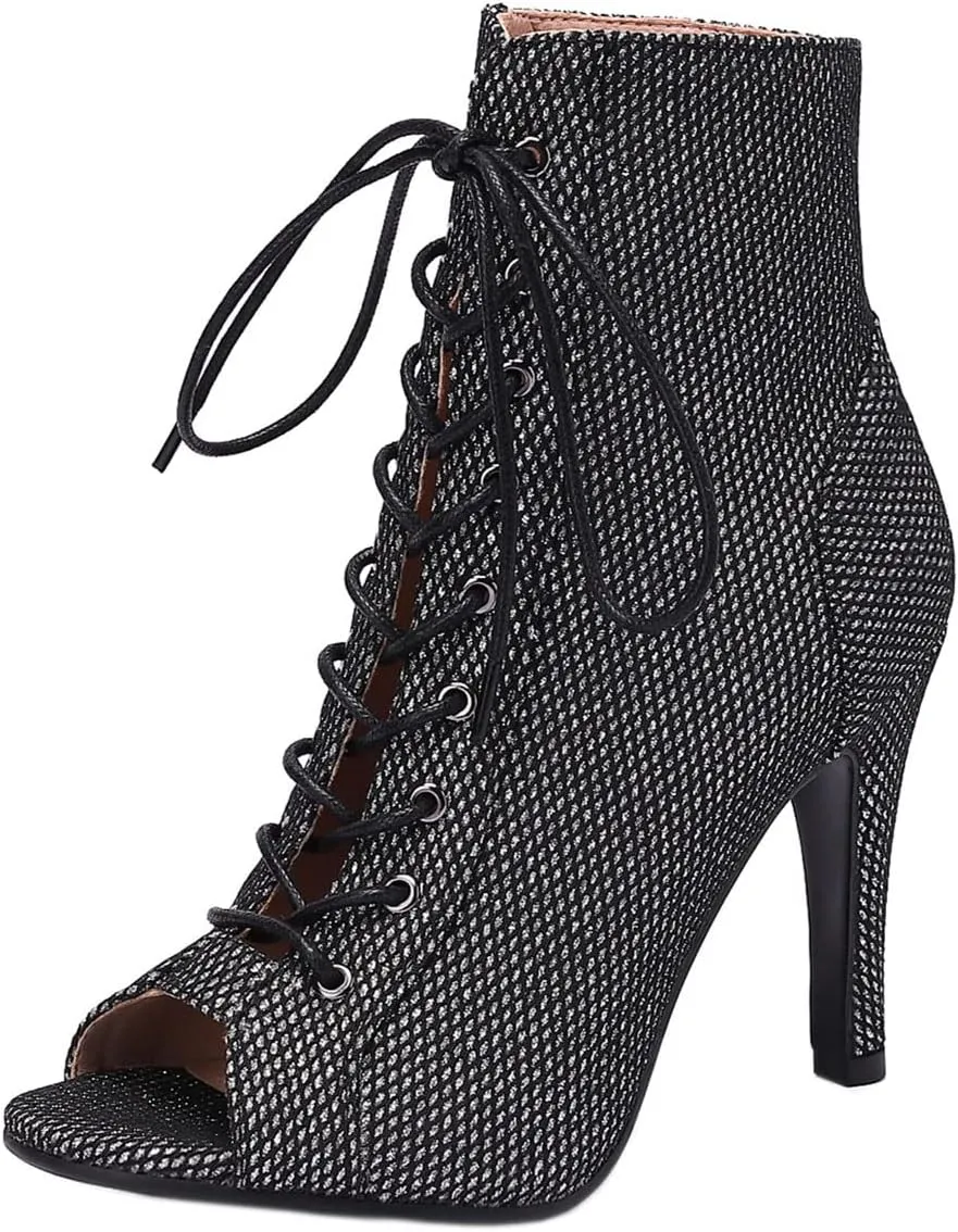 SHEMEE Women's Summer Peep Toe Stiletto High Heel Ankle Boots Lace Up Sandals Booties