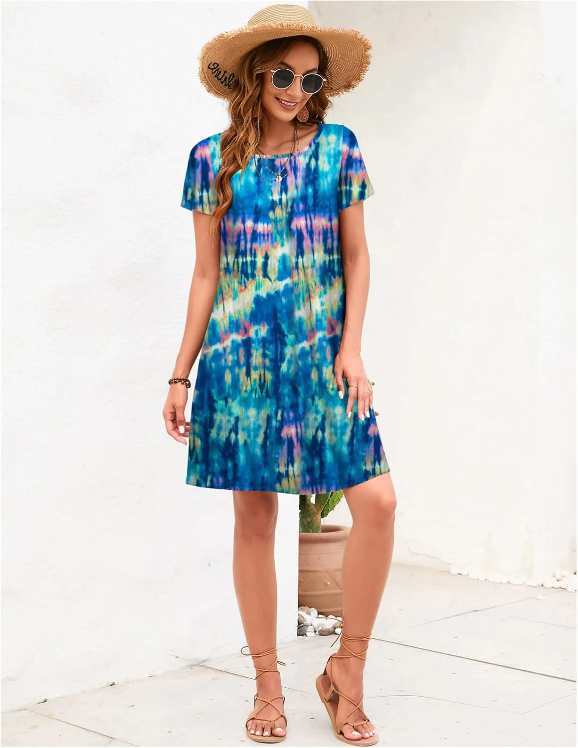 Sherosa Women's Summer Dresses 2025 Beach Boho Sundress Short Sleeve Loose Casual Tshirt Dress with Pockets
