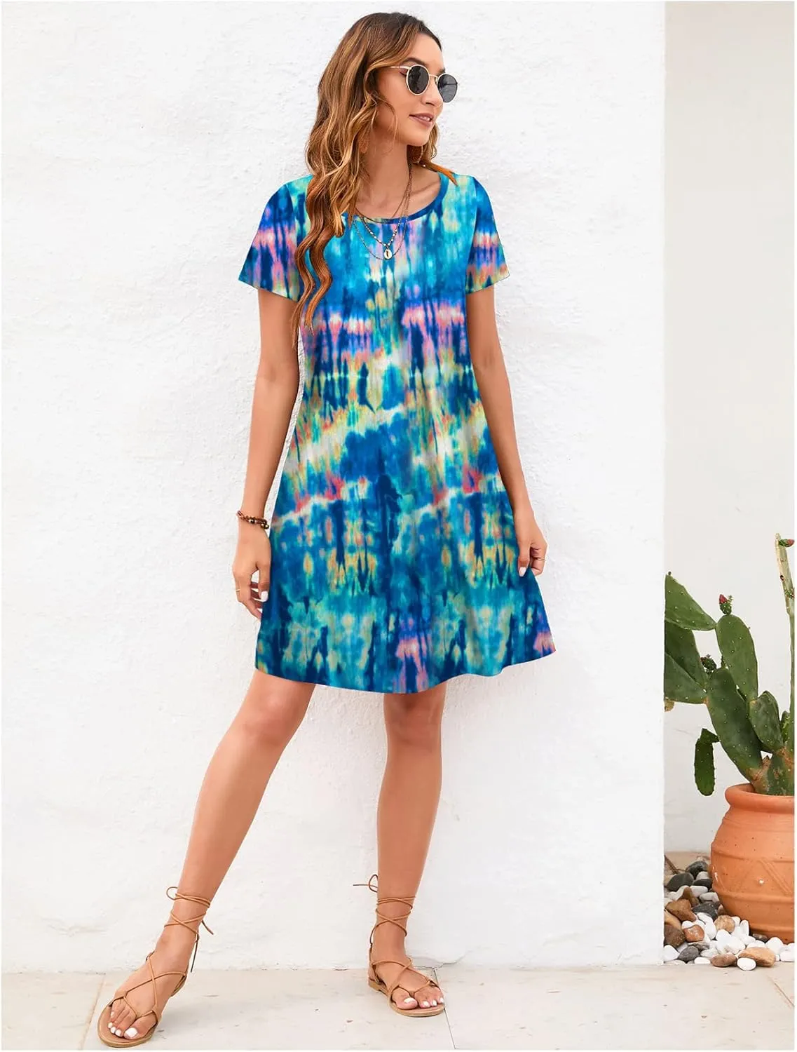 Sherosa Women's Summer Dresses 2025 Beach Boho Sundress Short Sleeve Loose Casual Tshirt Dress with Pockets