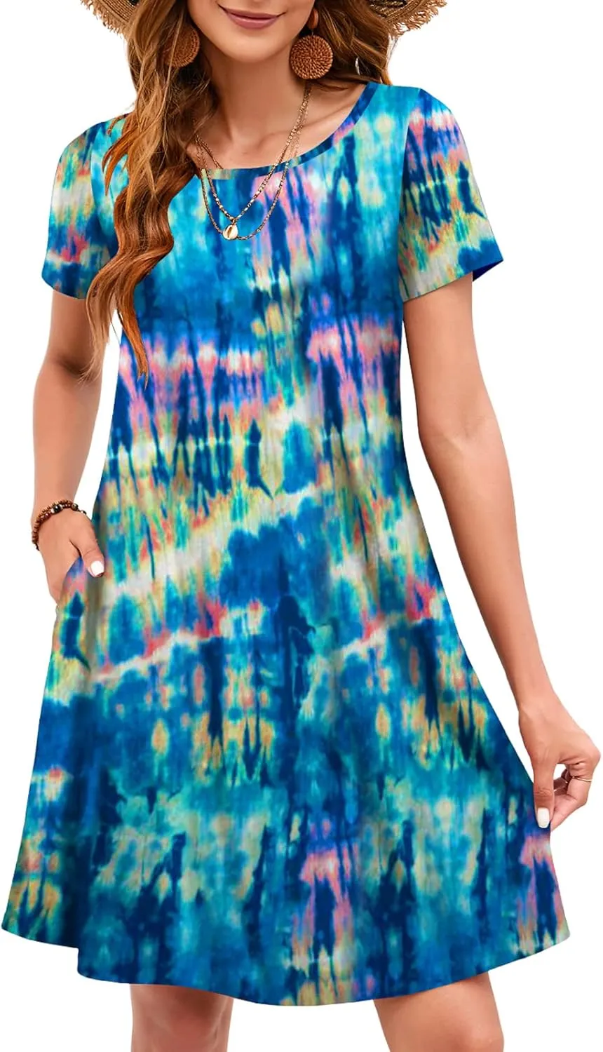 Sherosa Women's Summer Dresses 2025 Beach Boho Sundress Short Sleeve Loose Casual Tshirt Dress with Pockets