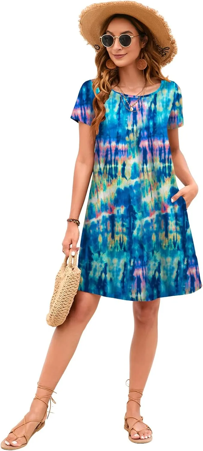 Sherosa Women's Summer Dresses 2025 Beach Boho Sundress Short Sleeve Loose Casual Tshirt Dress with Pockets