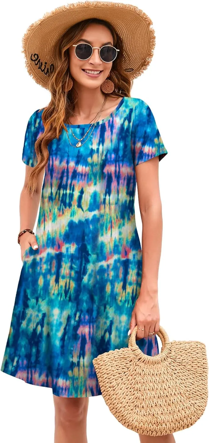 Sherosa Women's Summer Dresses 2025 Beach Boho Sundress Short Sleeve Loose Casual Tshirt Dress with Pockets