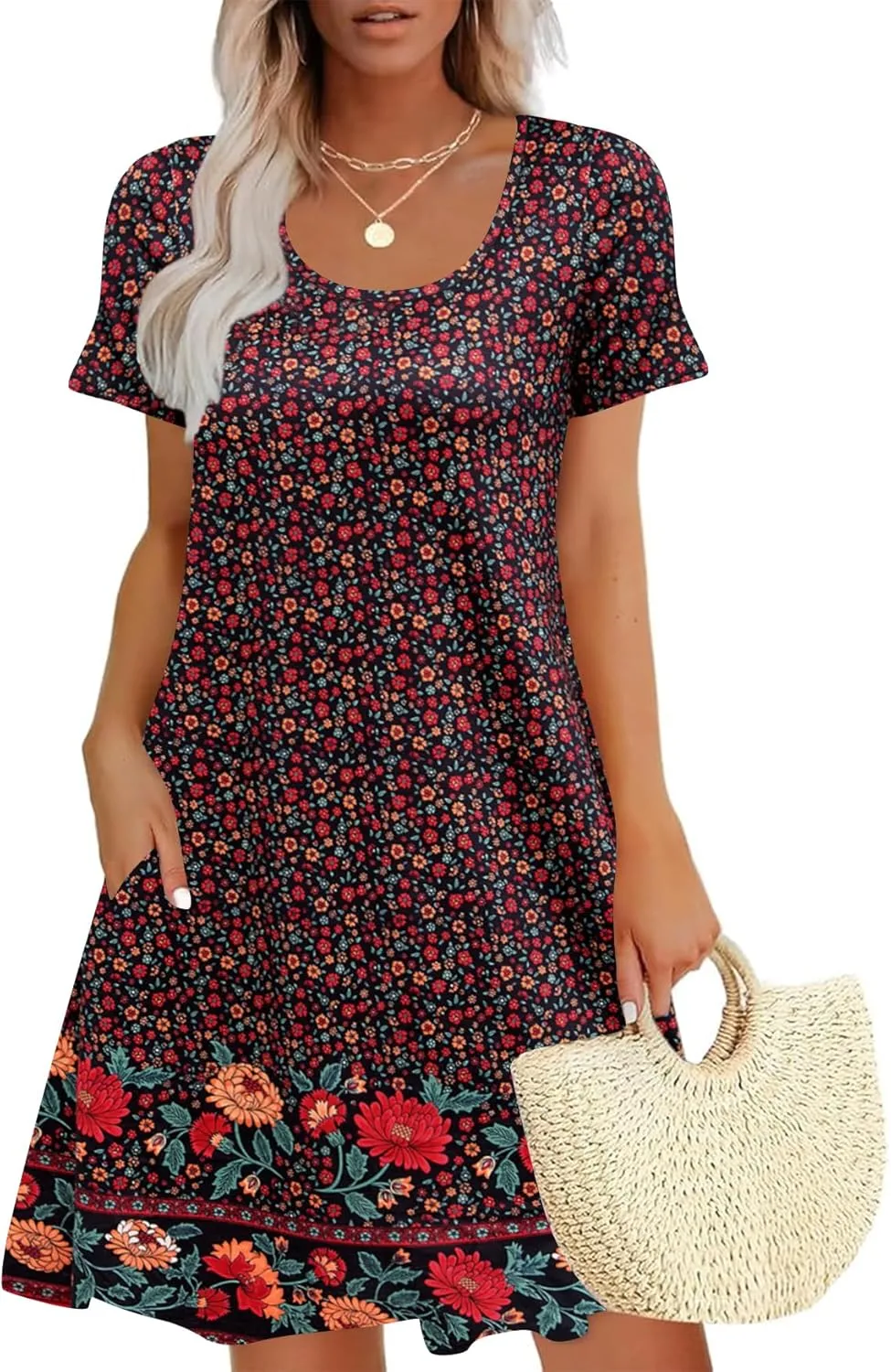 Sherosa Women's Summer Dresses 2025 Beach Boho Sundress Short Sleeve Loose Casual Tshirt Dress with Pockets